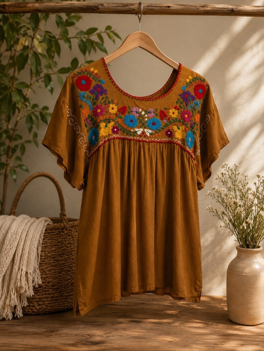 Embroidered Brown Floral Tunic Top - Women